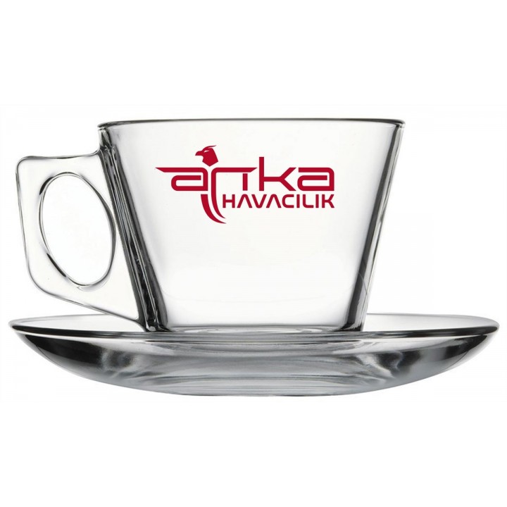 Promosyon Logo Baskılı Kulplu Cam Çay Fincanı ve Tabak Seti